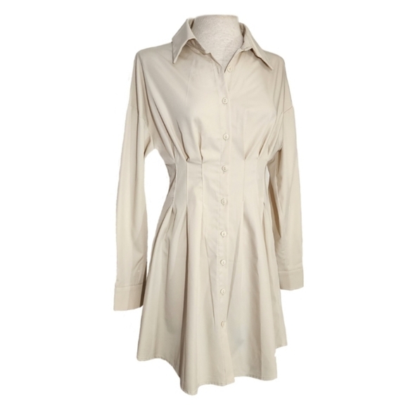 None Dresses & Skirts - Unbranded Shirtdress Pleated Long Sleeve Trench Style Beige Size S